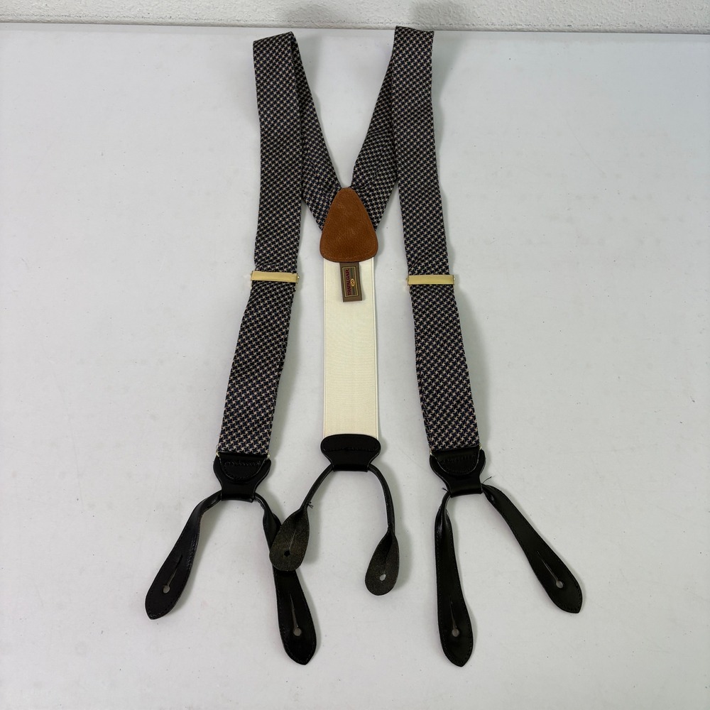 Trafalgar Suspenders Mens Navy Tan Geometric Leather Button Braces Y-Back